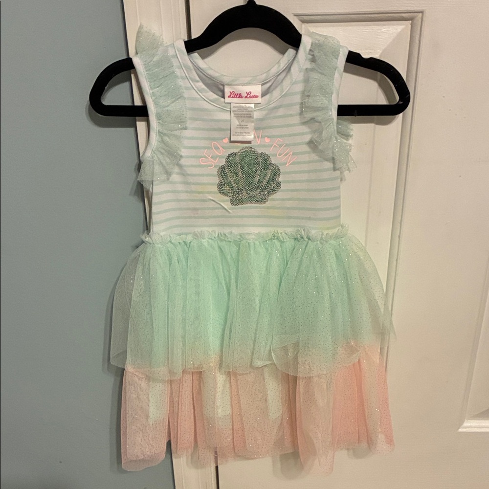 Little Lass Mint & Peach Layered Tulle Dress with Shell Applique